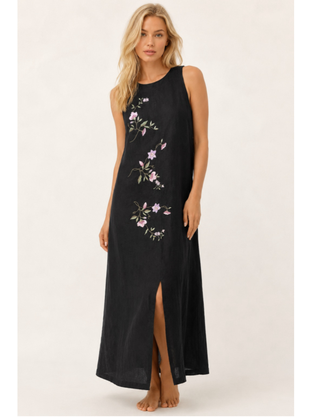 Vintage Ultra Linen Maxi Dress Embroidered Floral Sleeveless Cottagecore Boho 12